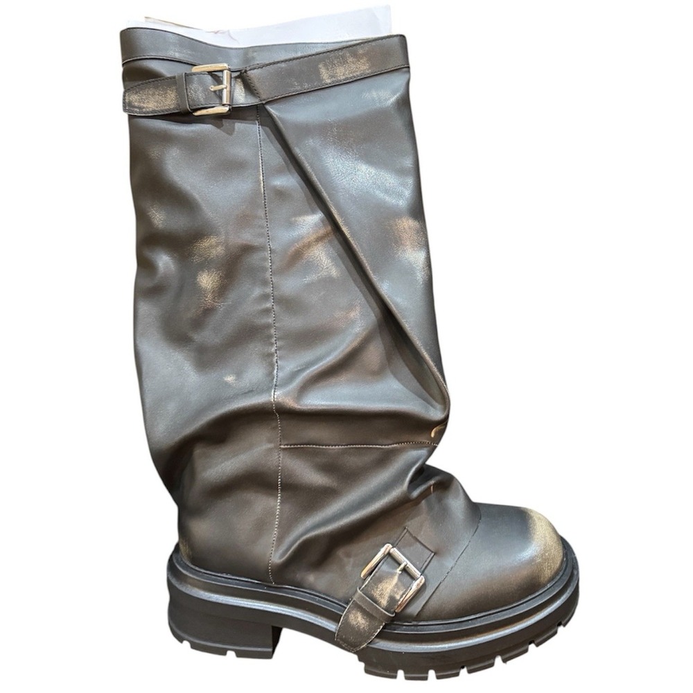 Madden Girl Women's Restore Knee-High Slouchy Lug-Sole Moto Boots Taupe Size 8.5 - Picture 1 of 8